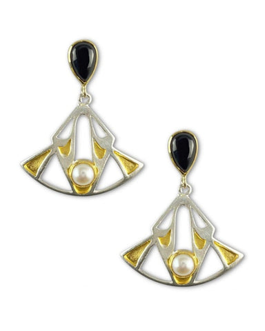 Art Deco Black Onyx and Pearl Silver Earrings