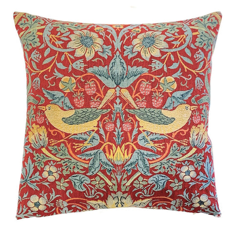 William Morris Strawberry Thief Belgian Tapestry Pillow Red  - Facing Out