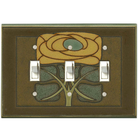 Art Nouveau Flower Ceramic Tile Switch Plate Triple Toggle