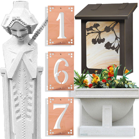 Designer & Frank Lloyd Wright Sprite Sculptures, Planters, Doormats, Wright and Art & Crafts House Numbers, Mailboxes, and Lighting.