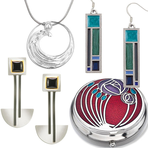 Find Jewelry with designs inspired by Frank Lloyd Wright, Charles Rennie Mackintosh, Classic art and Designers.