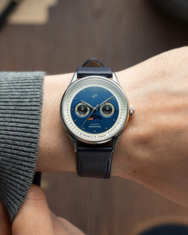 Wrist wearing a AV86 Moonphase Blue watch