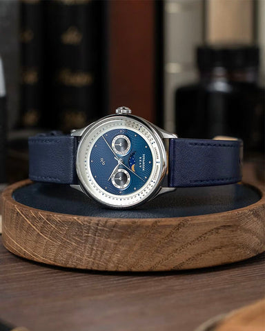 AV86 1968 Moonphase Watch with blue strap and sitainless stee case