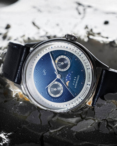 AV86 Luxury Moonphase watch with a blue face and leather strap 