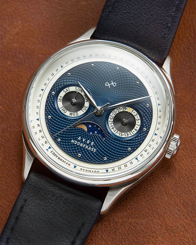 AV86 1968 Moonphase watch with blue face and leather strap 