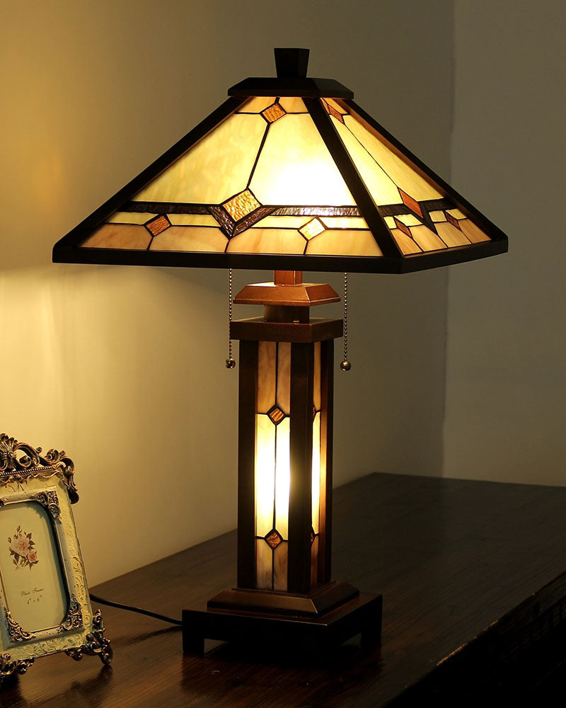 Chloe Kay Tiffany style Mission 3 Light Double Lit Wooden Table Lamp 15 Shade