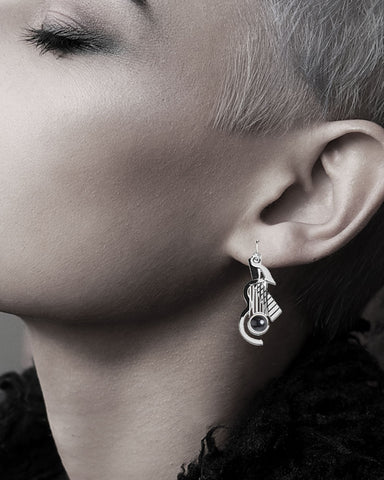 Cubist Guitar Black Glass Bead Earrings - Silver