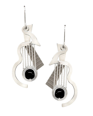 Cubist Guitar Black Glass Bead Earrings - Silver