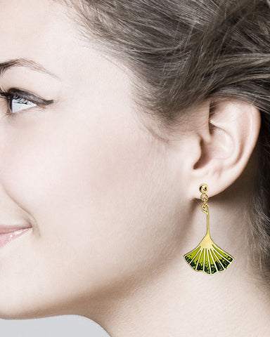 Ginkgo Leaf Earrings - Plated Brass with Enamel Accents