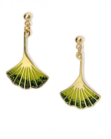 Ginkgo Leaf Earrings - Plated Brass with Enamel Accents