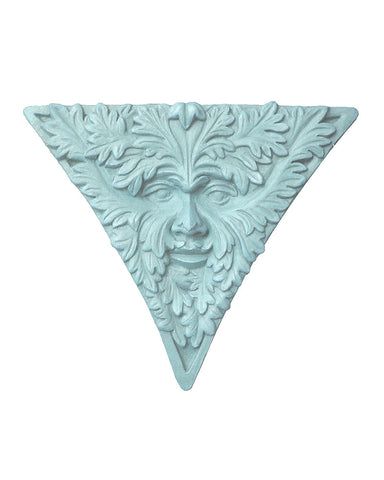 Triangular Green Man Plaque in Cast Stone Copper Patina