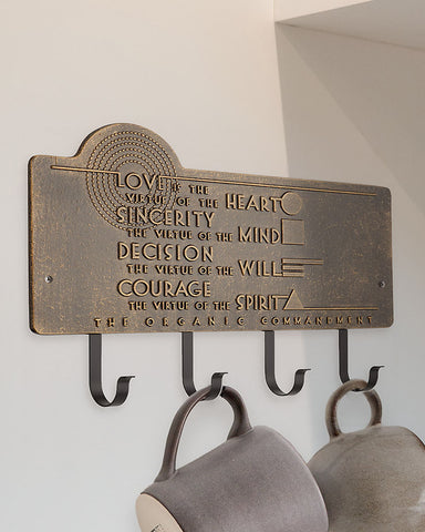 Frank Lloyd Wright Organic Commandments 4-Hook Wall Plaque Dark Bronze Gold Style Shot
