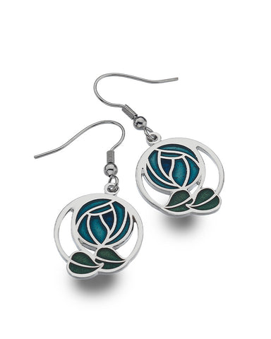 Charles Rennie Mackintosh Rose and Coiled Leaves Earrings Blue