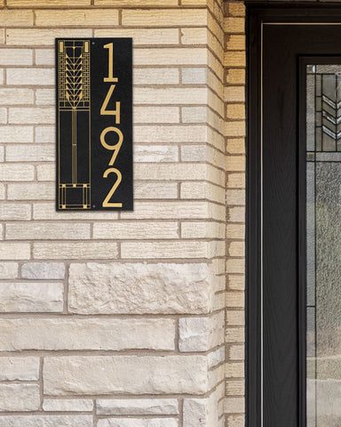 Frank Lloyd Wright Tree of Life Vertical House Number Plaque Black / Gold Style Shot