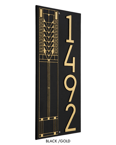 Frank Lloyd Wright Tree of Life Vertical House Number Plaque Black / Gold