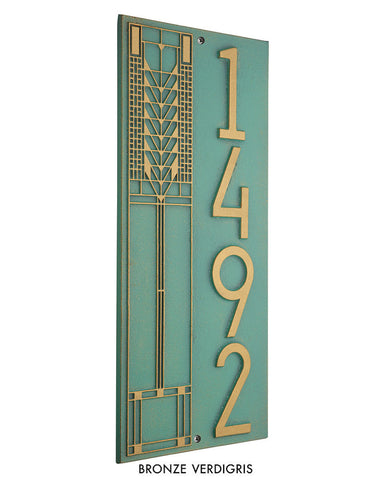 Frank Lloyd Wright Tree of Life Vertical House Number Plaque Bronze Verdigris