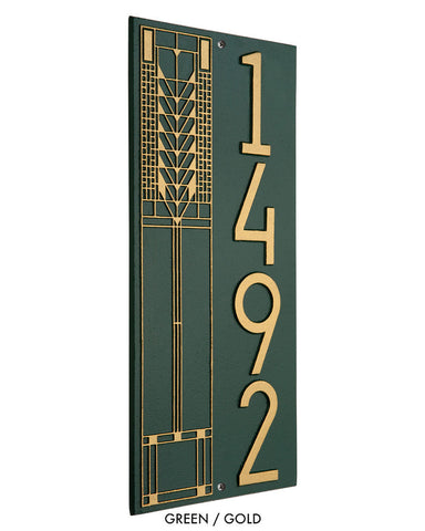 Frank Lloyd Wright Tree of Life Vertical House Number Plaque Green / Gold