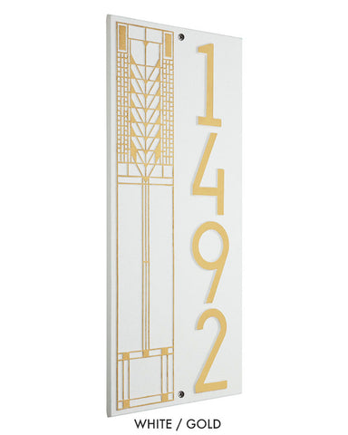 Frank Lloyd Wright Tree of Life Vertical House Number Plaque White / Gold