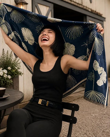 Ginkgo Square Reversible Navy & Cream Shawl Wrap