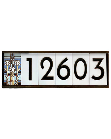 House number sign with tile on a white background