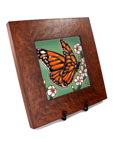 Carly Quinn Monarch with White Flowers Oak Framed Ceramic Tile