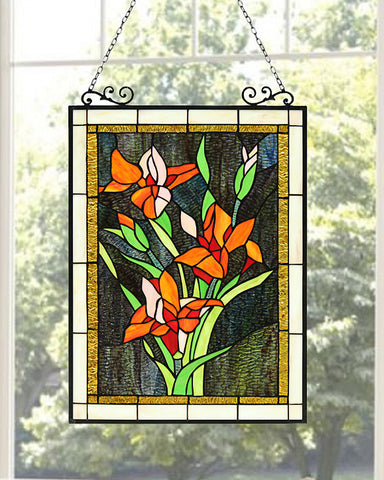 Arts and Crafts Lilies Stained Glass Panel On Window