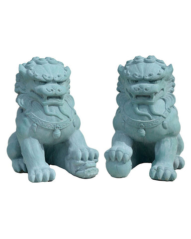 Fu Dog Pair in Cast Stone Copper Patina