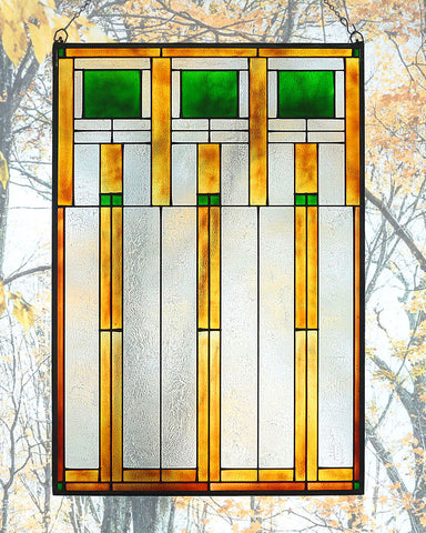Arts and Crafts Prairie Squares Art Glass Panel Green