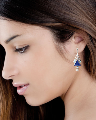 Mahony Window Navy Enamel Earrings on Model