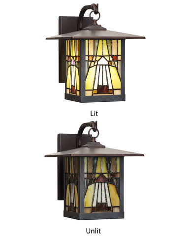Mission Craftsman Stained Glass Wall Sconce Amber Lit and Unlit