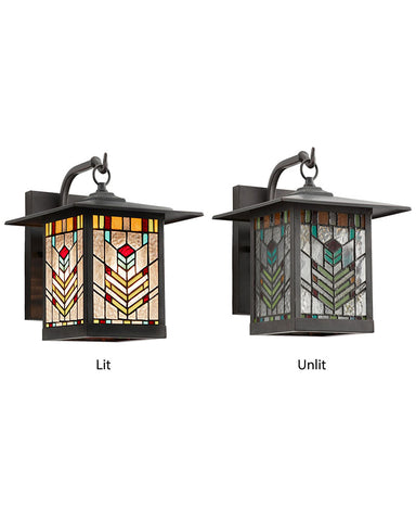 Mission Craftsman Stained Glass Wall Sconce Juniper Lit and Unlit