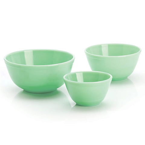 Mosser Glass 3-Piece Jadeite Nesting Mixing Bowl Set Shown on White Surface