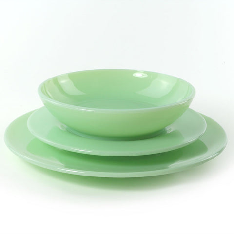 Mosser Glass Dinnerware 3-Piece Set with Shallow Bowl - Jadeite Stacked
