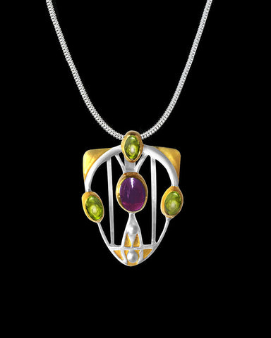 Mackintosh Gesso Inspirations Silver, Garnet, and Peridot Pendant Necklace