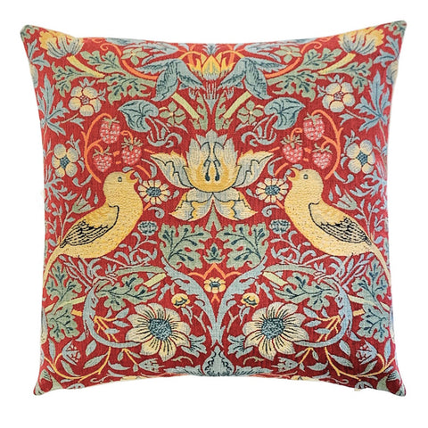 William Morris Strawberry Thief Belgian Tapestry Pillow Red  - Facing In