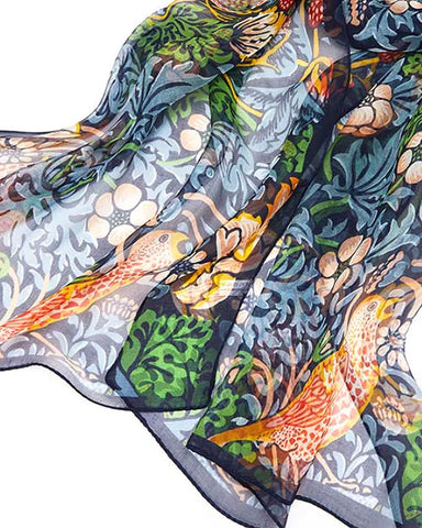 William Morris Strawberry Thief Silk Chiffon Scarf - Blue Close UP